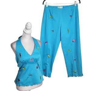 Bamboo Traders Petites Turquoise Blue Shell Embroidered 2 Piece Set Size SP NWT